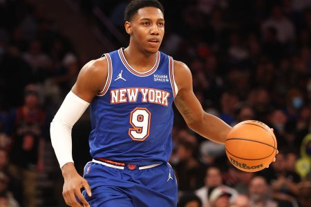 RJ Barrett #9 of the New York Knicks against the Memphis Grizzlies on February 2, 2022 at Madison Square Garden in New York City.