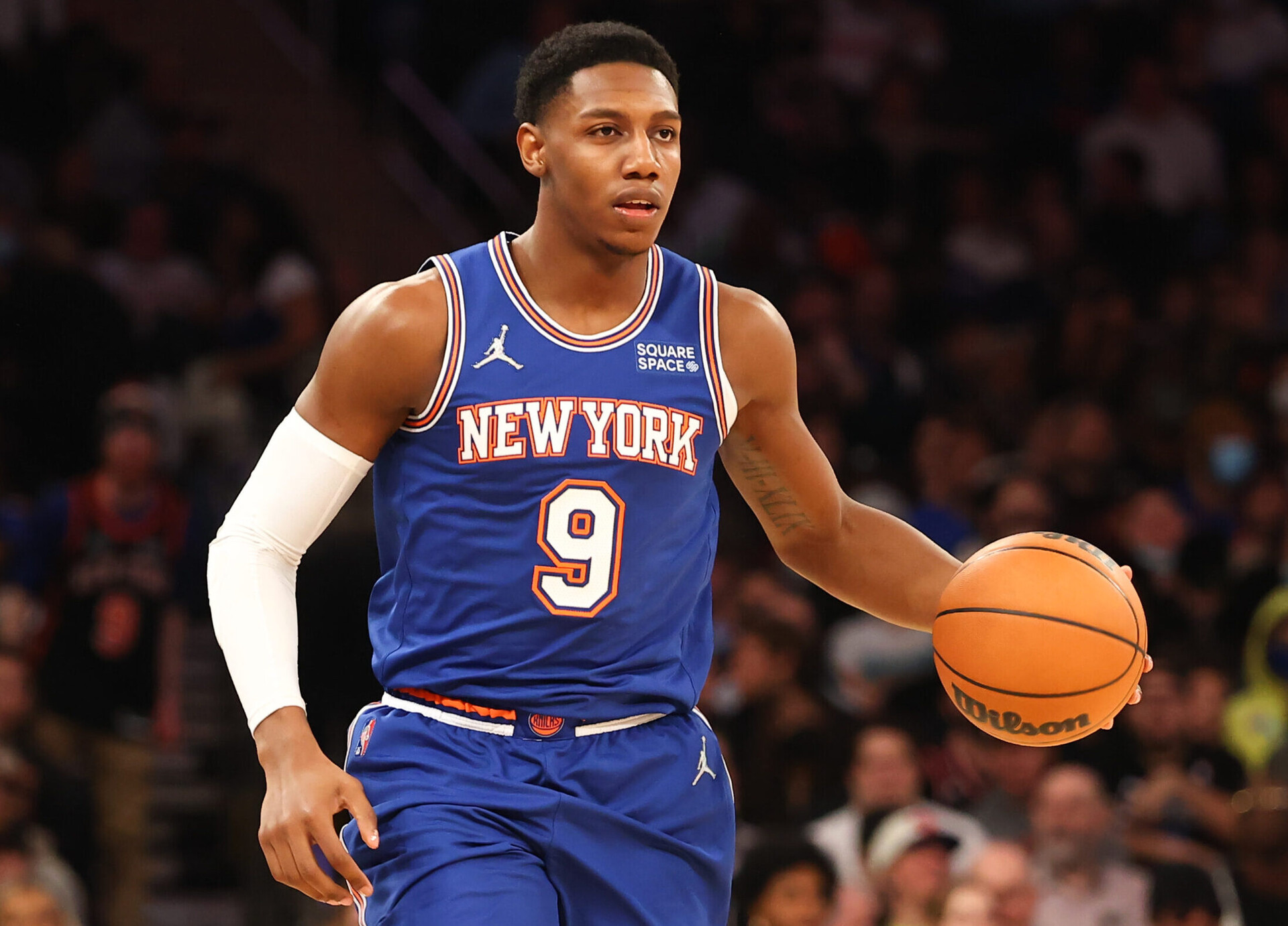 RJ Barrett #9 of the New York Knicks against the Memphis Grizzlies on February 2, 2022 at Madison Square Garden in New York City.