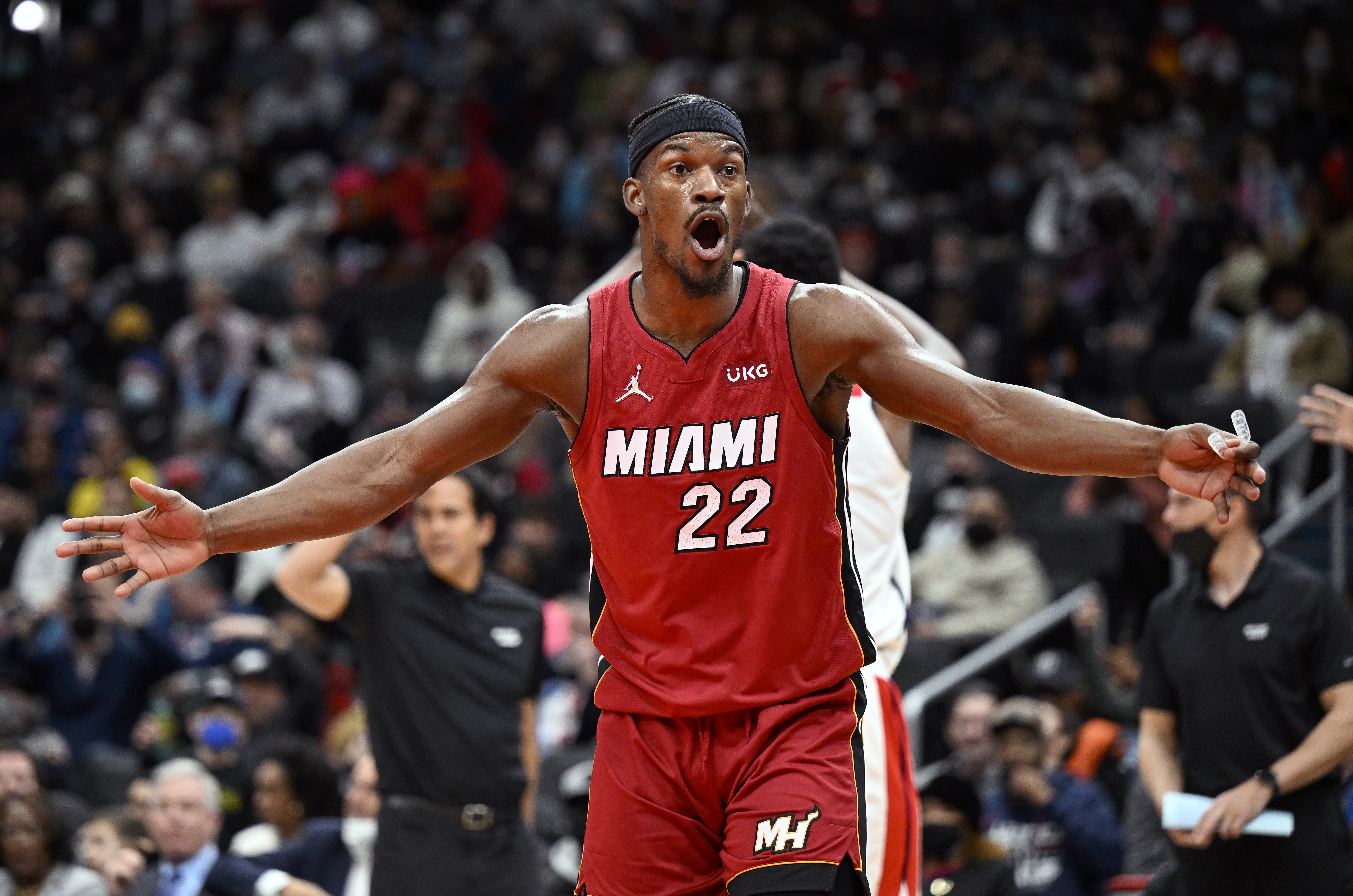 Miami Heat guard reacts to a call in the third quarter against the Washington Wizards