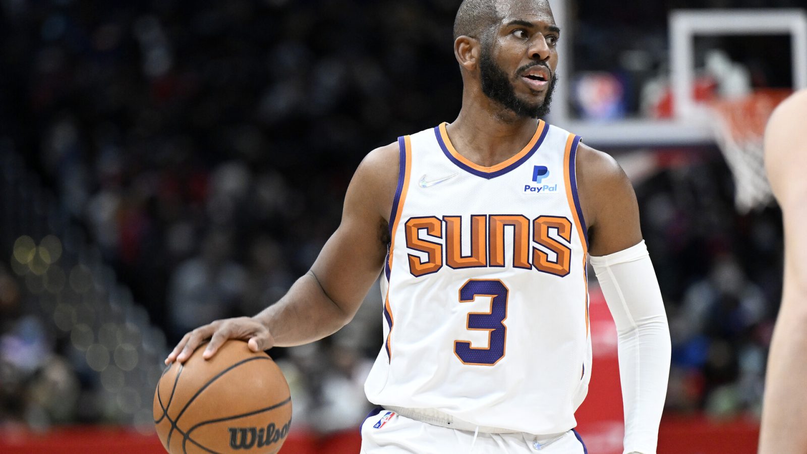 Chris Paul #3 of the Phoenix Suns handles the ball against the Washington Wizards at Capital One Arena on February 05, 2022 in Washington, DC.