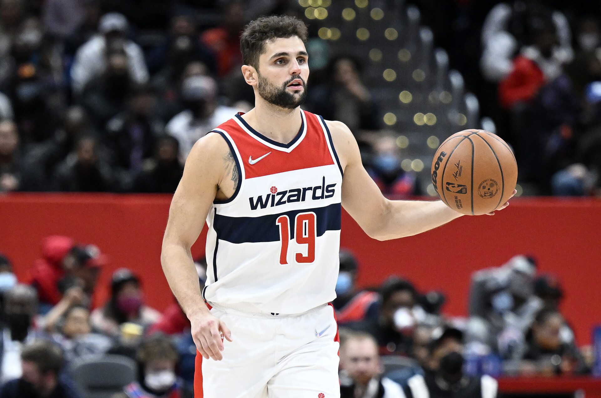Raul Neto #19 of the Washington Wizards handles the ball against the Miami Heat at Capital One Arena on February 07, 2022 in Washington, DC.