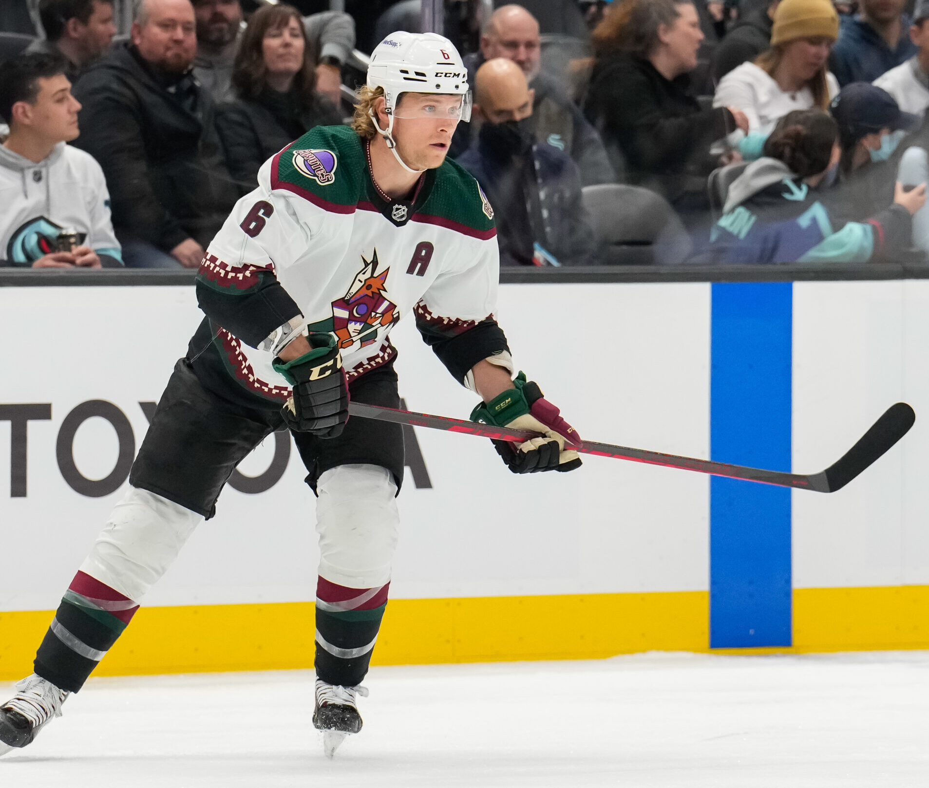 Jakob Chychrun #6 of the Arizona Coyotes waits for a pass during the first period of a game between the Arizona Coyotes and the Seattle Kraken at Climate Pledge Arena on February 09, 2022 in Seattle, Washington.