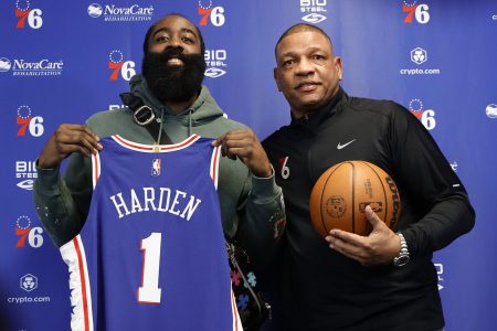 James Harden #1 and head coach Doc Rivers of the Philadelphia 76ers pose for photos during a press conference at the Seventy Sixers Practice Facility on February 15, 2022 in Camden, New Jersey.