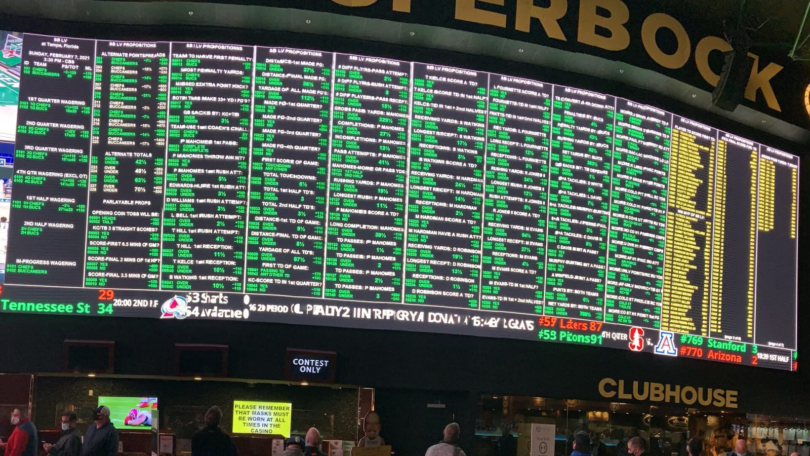 Super Bowl prop bets light up the big board at The SuperBook ahead of the Chiefs-Buccaneers Super Bowl, capping the 2020-21 season.