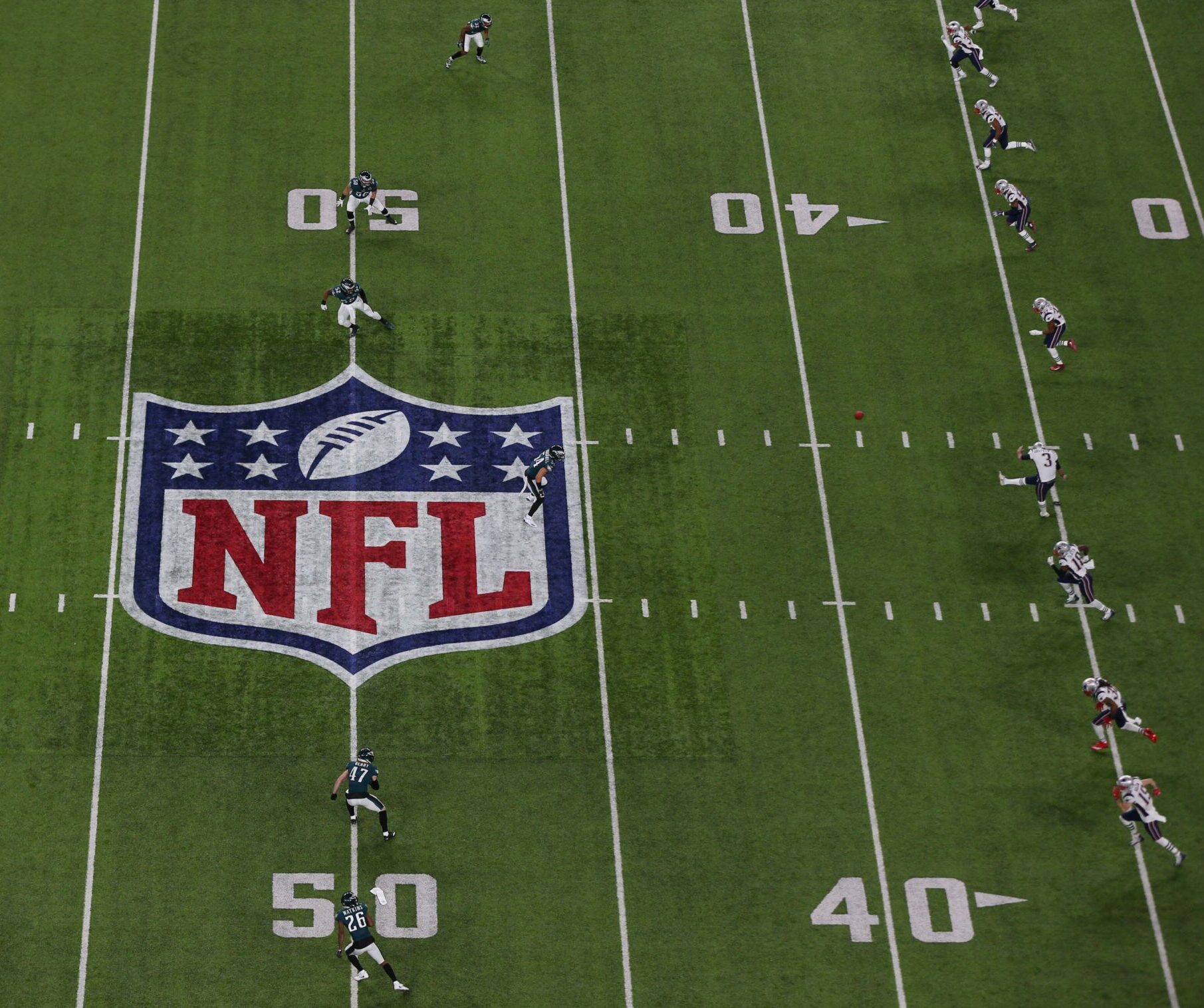 An overhead view of the opening kickoff in Super Bowl LII between the Philadelphia Eagles and the New England Patriots
