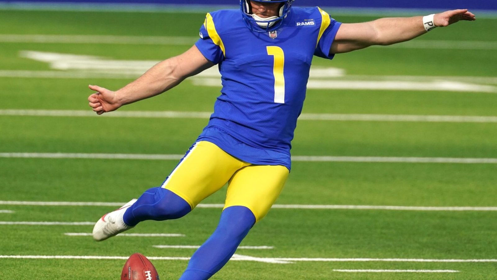 Los Angeles Rams kicker Matt Gay kicks the ball during a kickoff against the San Francisco 49ers