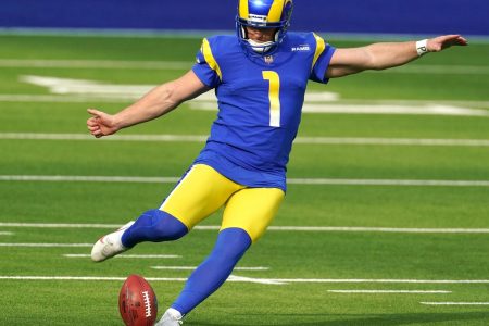 Los Angeles Rams kicker Matt Gay kicks the ball during a kickoff against the San Francisco 49ers