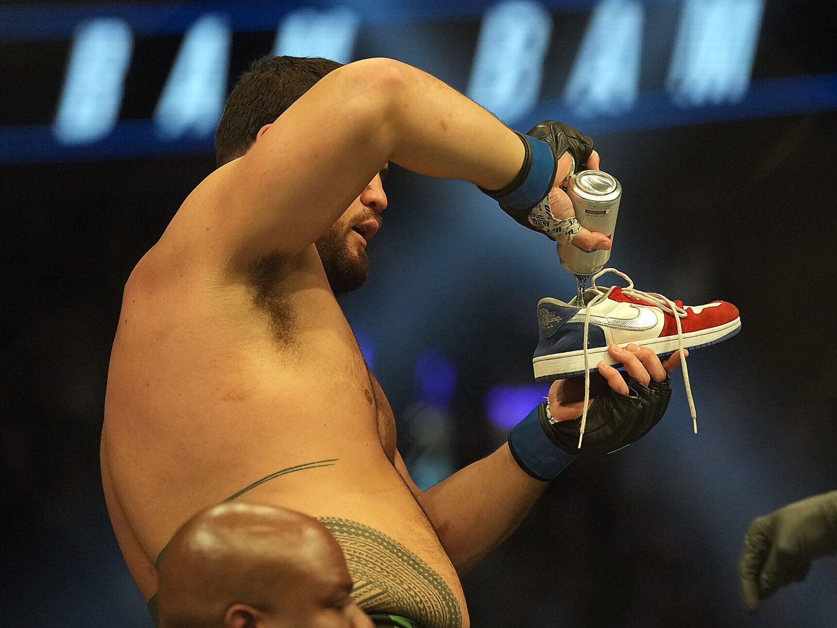 Dec 11, 2021; Las Vegas, Nevada, USA; Tai Tuivasa celebrates his knockout victory against Agusto Sakai during UFC 269 at T-Mobile Arena. Mandatory Credit: Stephen R. Sylvanie-USA TODAY Sports