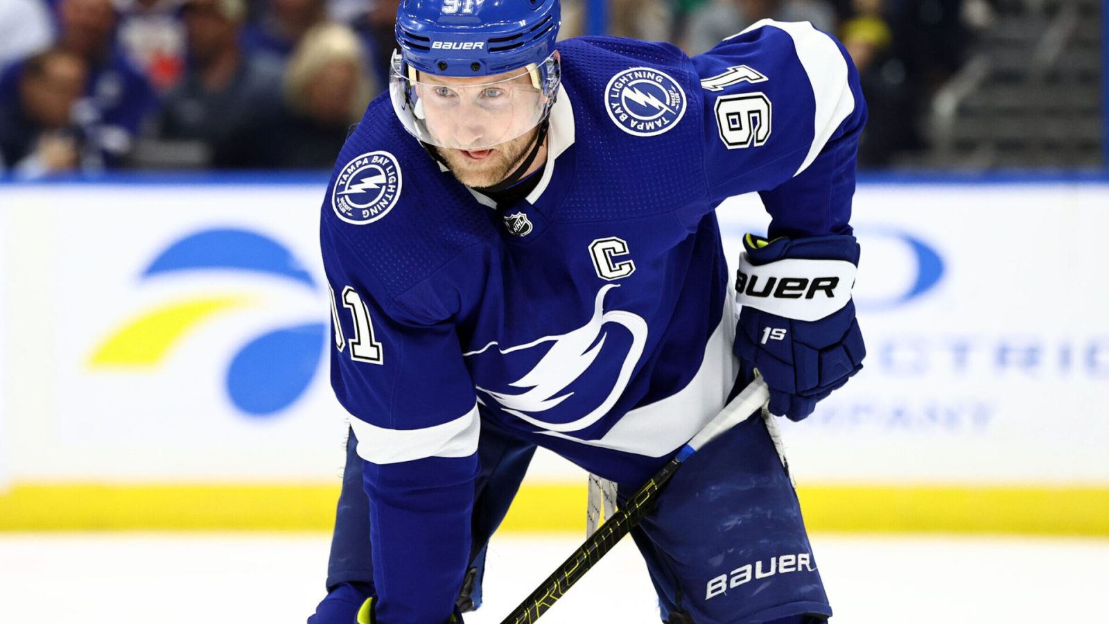 Tampa Bay Lightning center Steven Stamkos looks on during a break in the action against the Vancouver Canucks