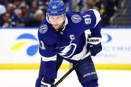 Tampa Bay Lightning center Steven Stamkos looks on during a break in the action against the Vancouver Canucks