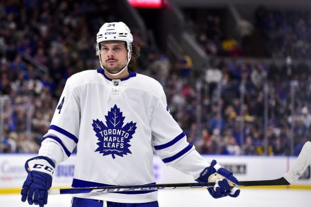 Toronto Maple Leafs center Auston Matthews waits for a face off against the St. Louis Blues
