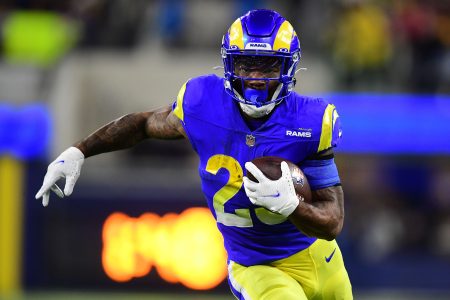 Los Angeles Rams running back Cam Akers runs the ball against the Arizona Cardinals during the second half in the NFC Wild Card playoff football game