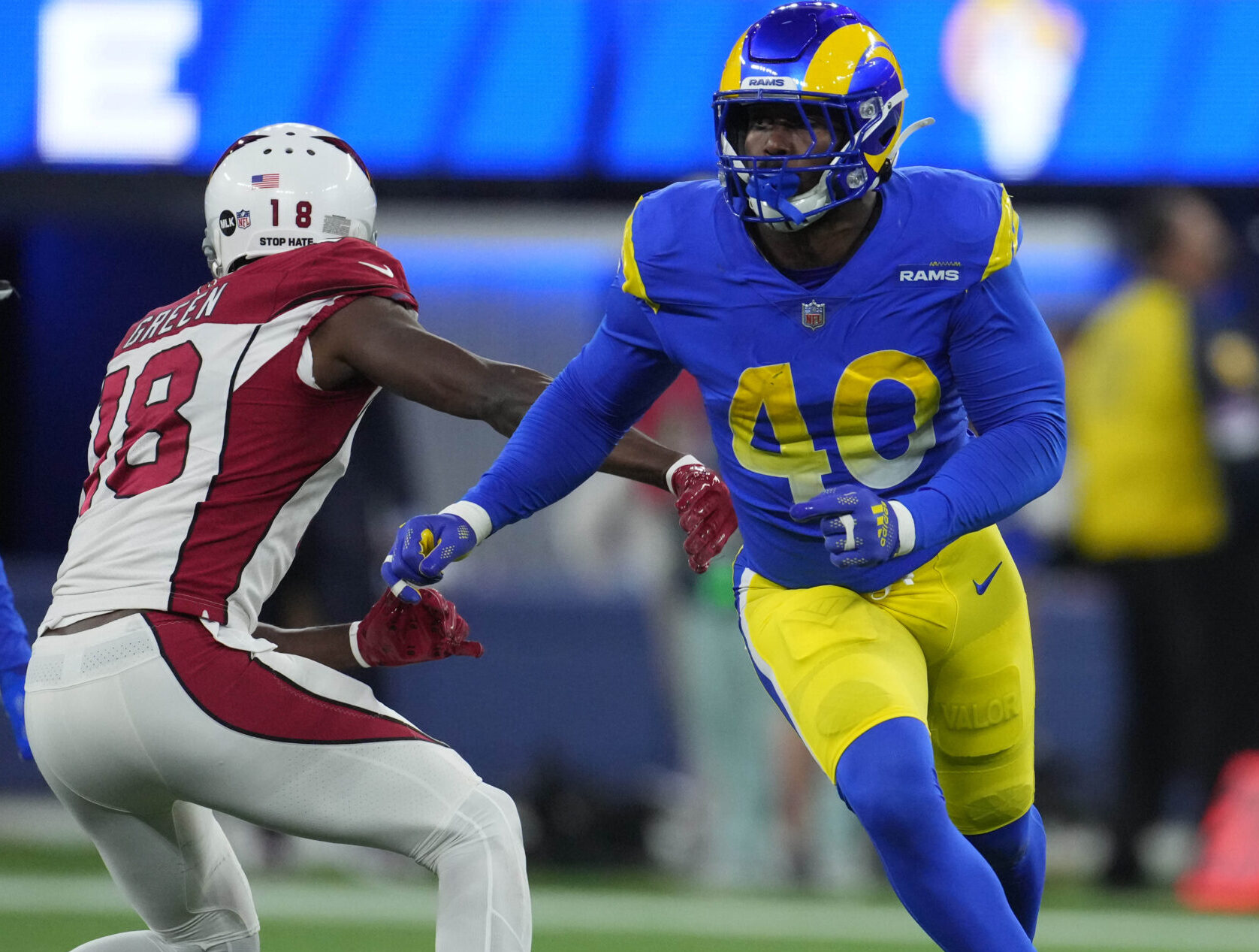 Los Angeles Rams outside linebacker Von Miller (right) rushes against the Arizona Cardinals during an NFC Wild Card playoff football game