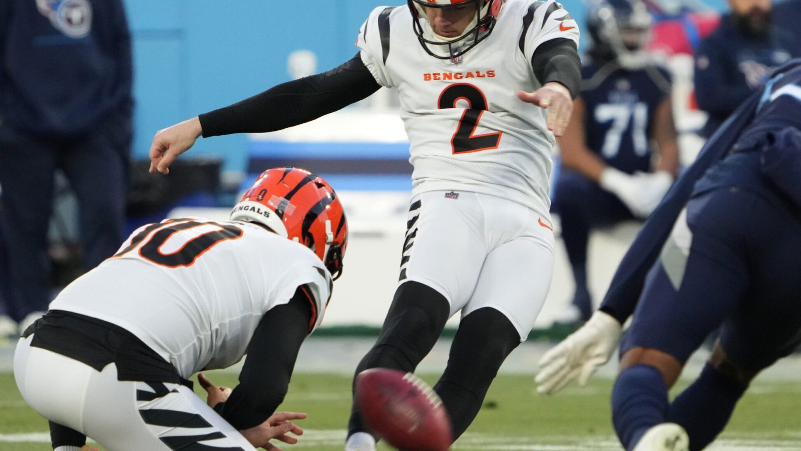 Cincinnati Bengals kicker Evan McPherson kicks a field goal during the first half of an AFC Divisional playoff football game against the Tennessee Titans