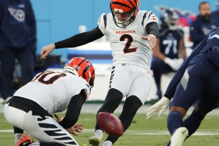 Cincinnati Bengals kicker Evan McPherson kicks a field goal during the first half of an AFC Divisional playoff football game against the Tennessee Titans