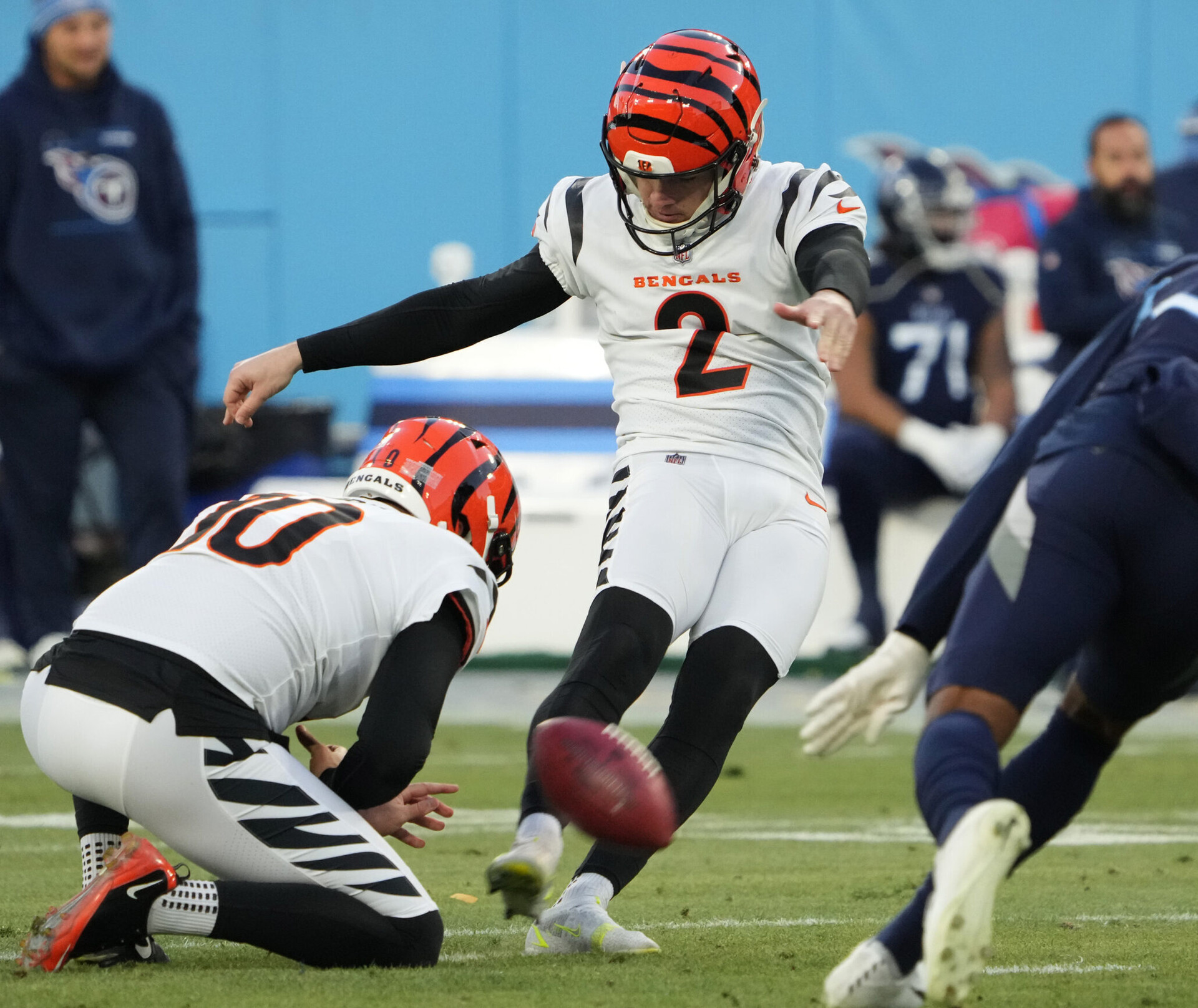 Cincinnati Bengals kicker Evan McPherson kicks a field goal during the first half of an AFC Divisional playoff football game against the Tennessee Titans