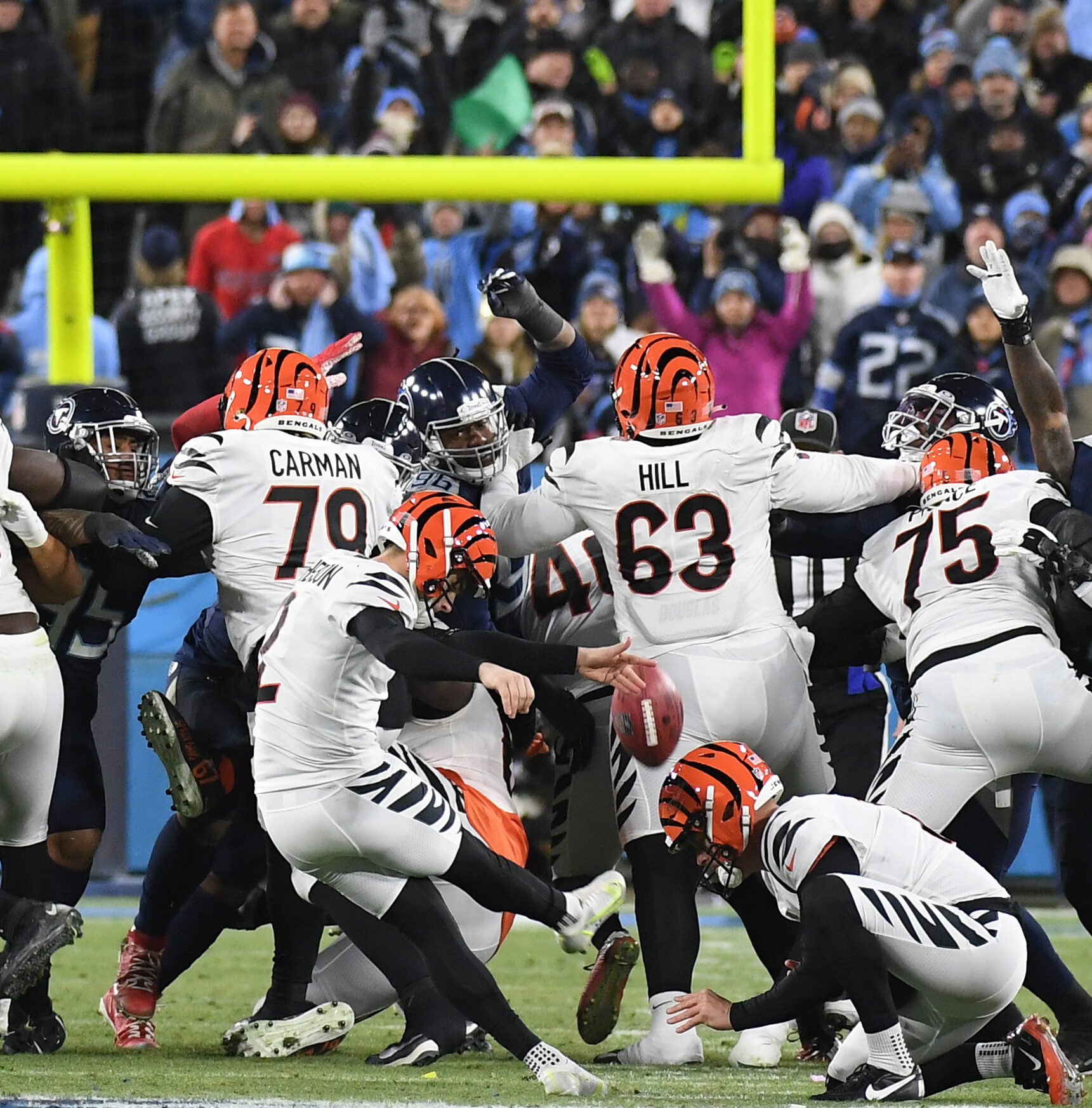 Cincinnati Bengals kicker Evan McPherson kicks the game-winning field goal on the final play to beat the Tennessee Titans during an AFC Divisional playoff football gam
