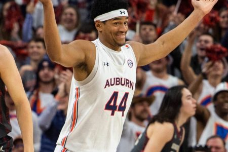 Auburn Tigers center Dylan Cardwell (44) reacts after making an alley-op pass at Auburn Arena in Auburn, Ala., on Saturday, Jan. 29, 2022. Auburn Tigers defeated Oklahoma Sooners 86-68.