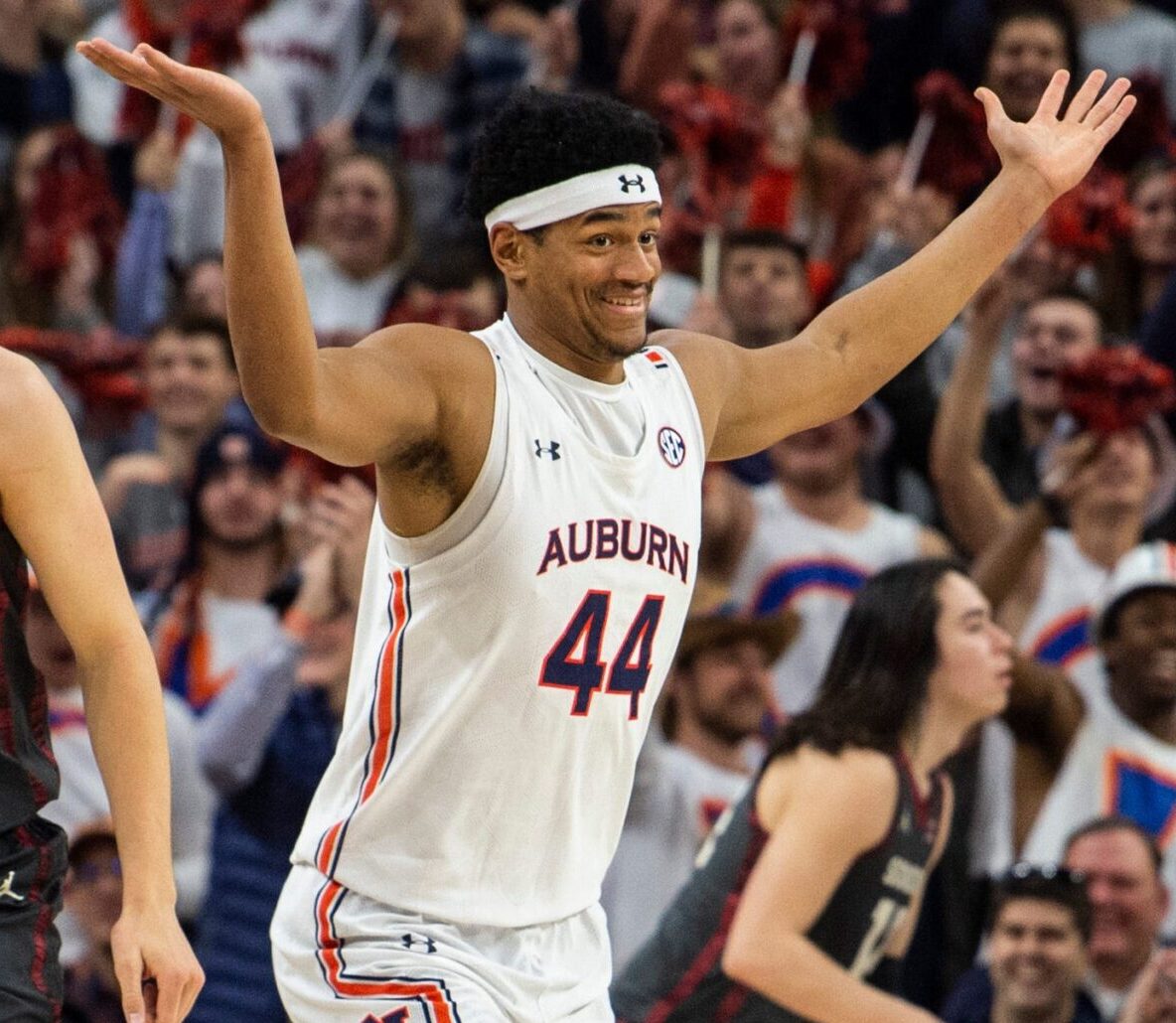 Auburn Tigers center Dylan Cardwell (44) reacts after making an alley-op pass at Auburn Arena in Auburn, Ala., on Saturday, Jan. 29, 2022. Auburn Tigers defeated Oklahoma Sooners 86-68.
