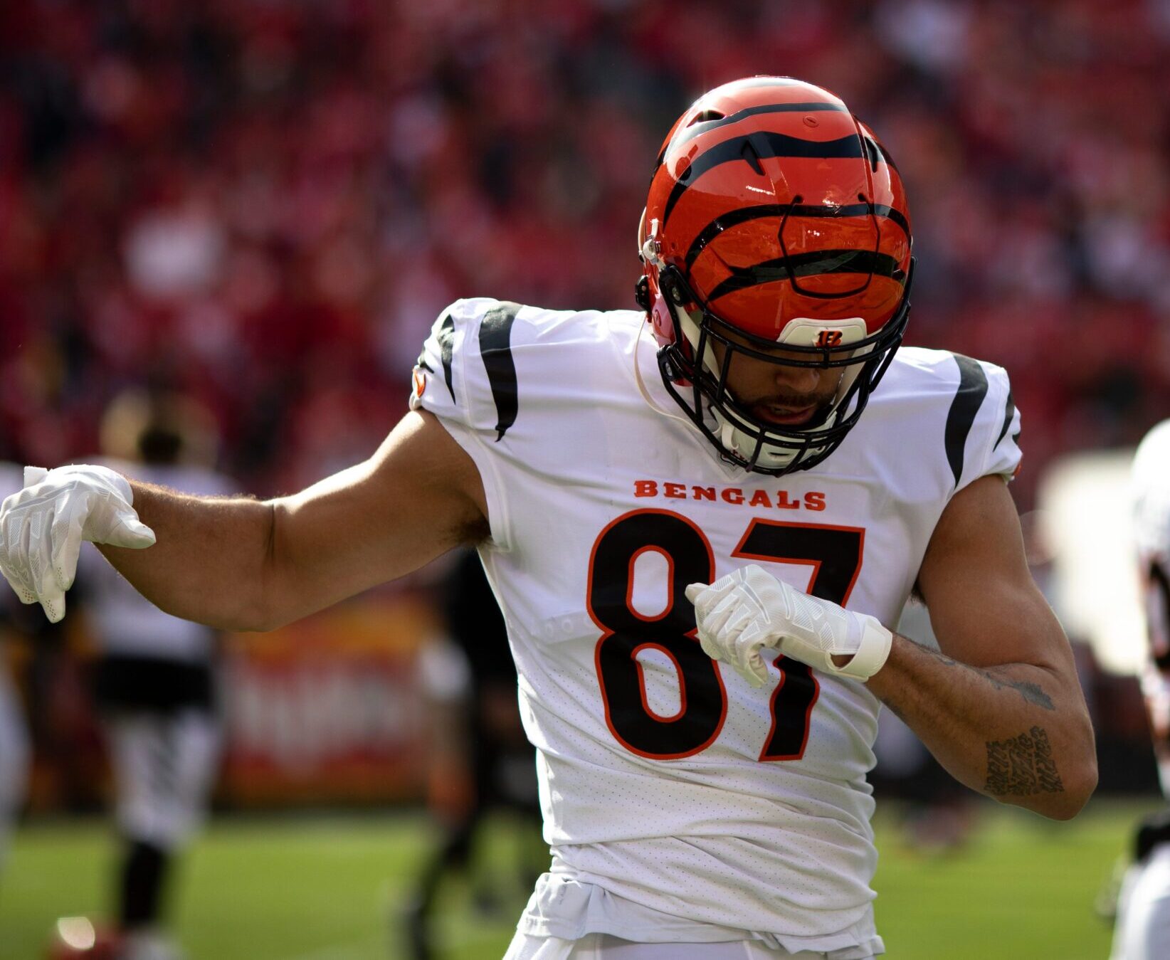 Cincinnati Bengals tight end C.J. Uzomah (87) stretches before the AFC championship NFL football game, Sunday, Jan. 30, 2022, at GEHA Field at Arrowhead Stadium in Kansas City, Mo. Cincinnati Bengals At Kansas City Chiefs Jan 30 Afc Championship 21