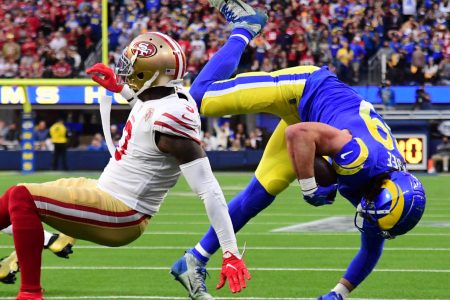 Jan 30, 2022; Inglewood, California, USA; Los Angeles Rams tight end Tyler Higbee (89) is tackled by San Francisco 49ers safety Jaquiski Tartt (3) in the first half during the NFC Championship Game at SoFi Stadium.
