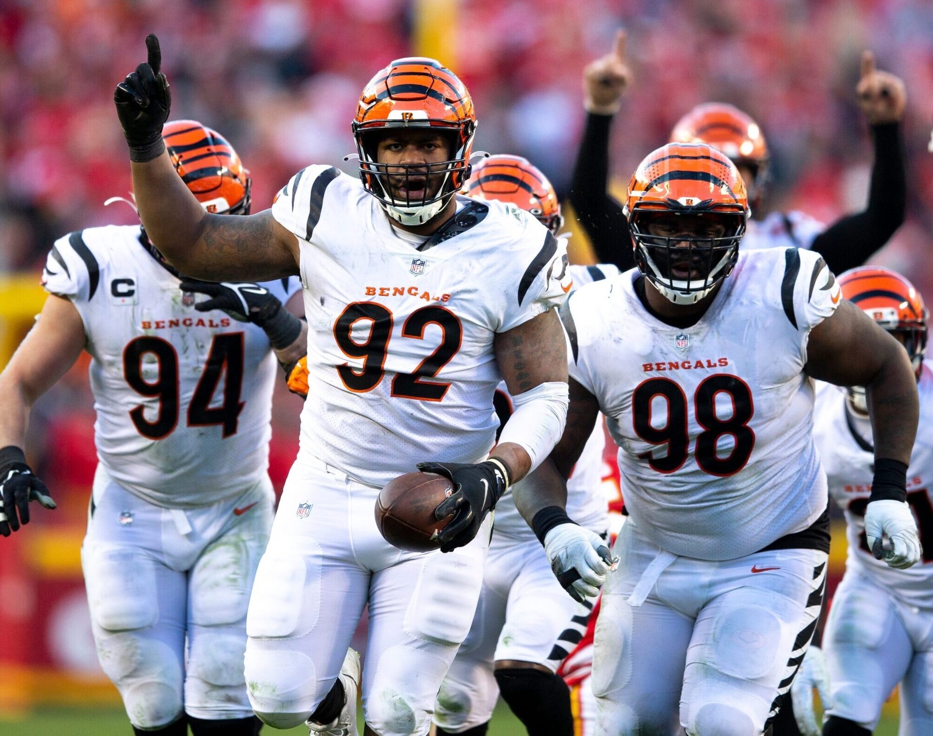 Bengals defensive end B.J. Hill (92) celebrates after intercepting a pass from Chiefs quarterback Patrick Mahomes during the AFC Championship Game
