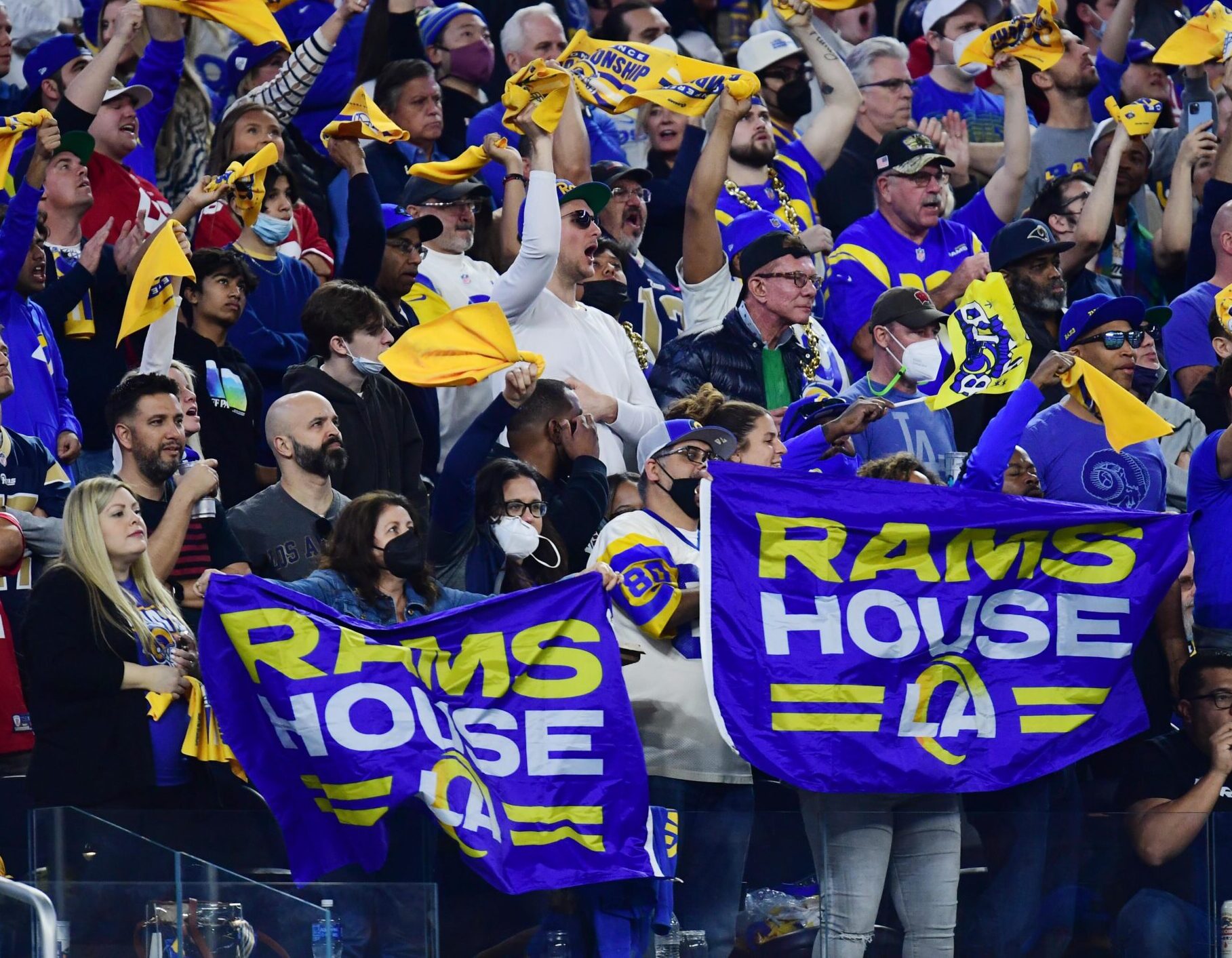 Jan 30, 2022; Inglewood, California, USA; Los Angeles Rams fans cheer against the San Francisco 49ers in the second half during the NFC Championship Game at SoFi Stadium.