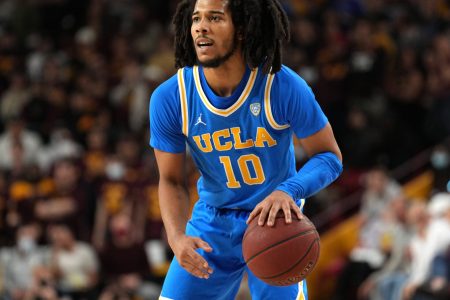 UCLA Bruins guard Tyger Campbell dribbles during a Pac-12 basketball game against the Arizona State Sun Devils