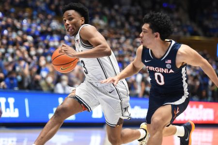 Duke Blue Devils guard Jeremy Roach (3) drives to the basket past Virginia Cavaliers guard Kihei Clark (0) during the second half at Cameron Indoor Stadium. The Cavaliers won 69-68.