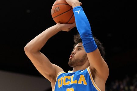 UCLA Bruins guard Johnny Juzang shoots the basketball during the first half against the Stanford Cardinal