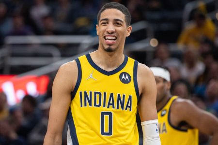 Indiana Pacers guard Tyrese Haliburton smiles during a break in the action against the Cleveland Cavaliers