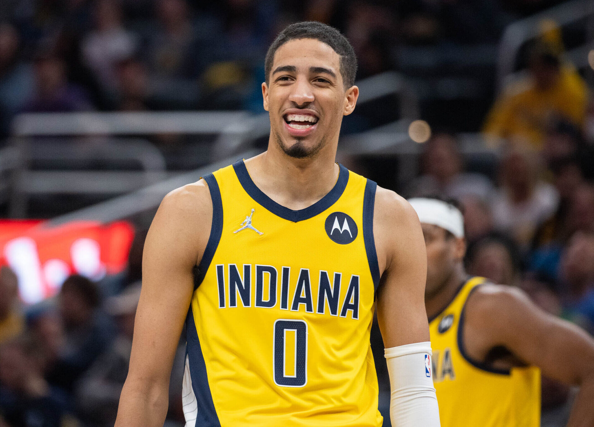 Indiana Pacers guard Tyrese Haliburton smiles during a break in the action against the Cleveland Cavaliers