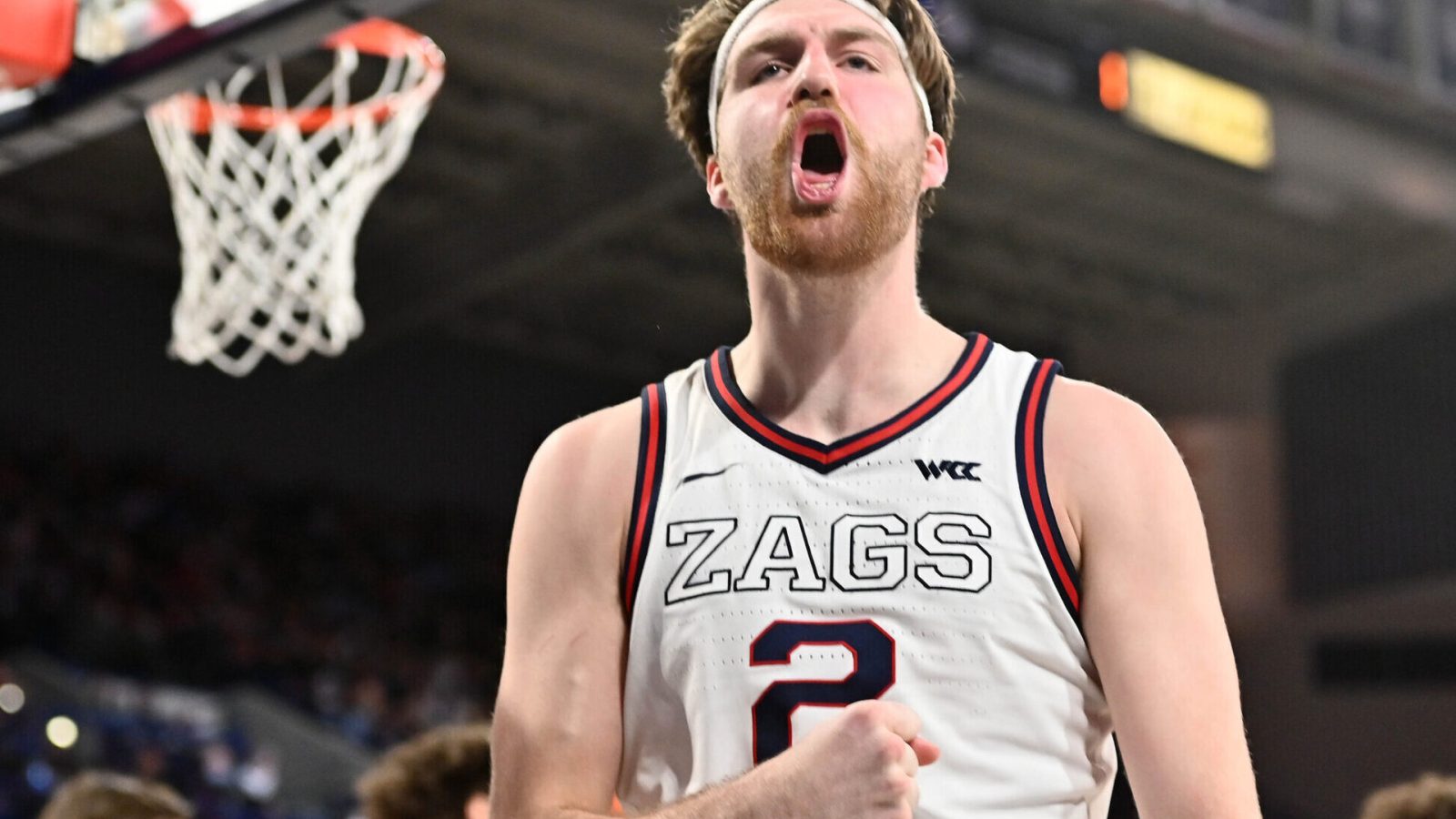 Gonzaga Bulldogs forward Drew Timme celebrates after a scoring a basket and drawing a foul against the St. Mary's Gaels