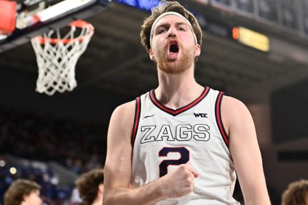 Gonzaga Bulldogs forward Drew Timme celebrates after a scoring a basket and drawing a foul against the St. Mary's Gaels