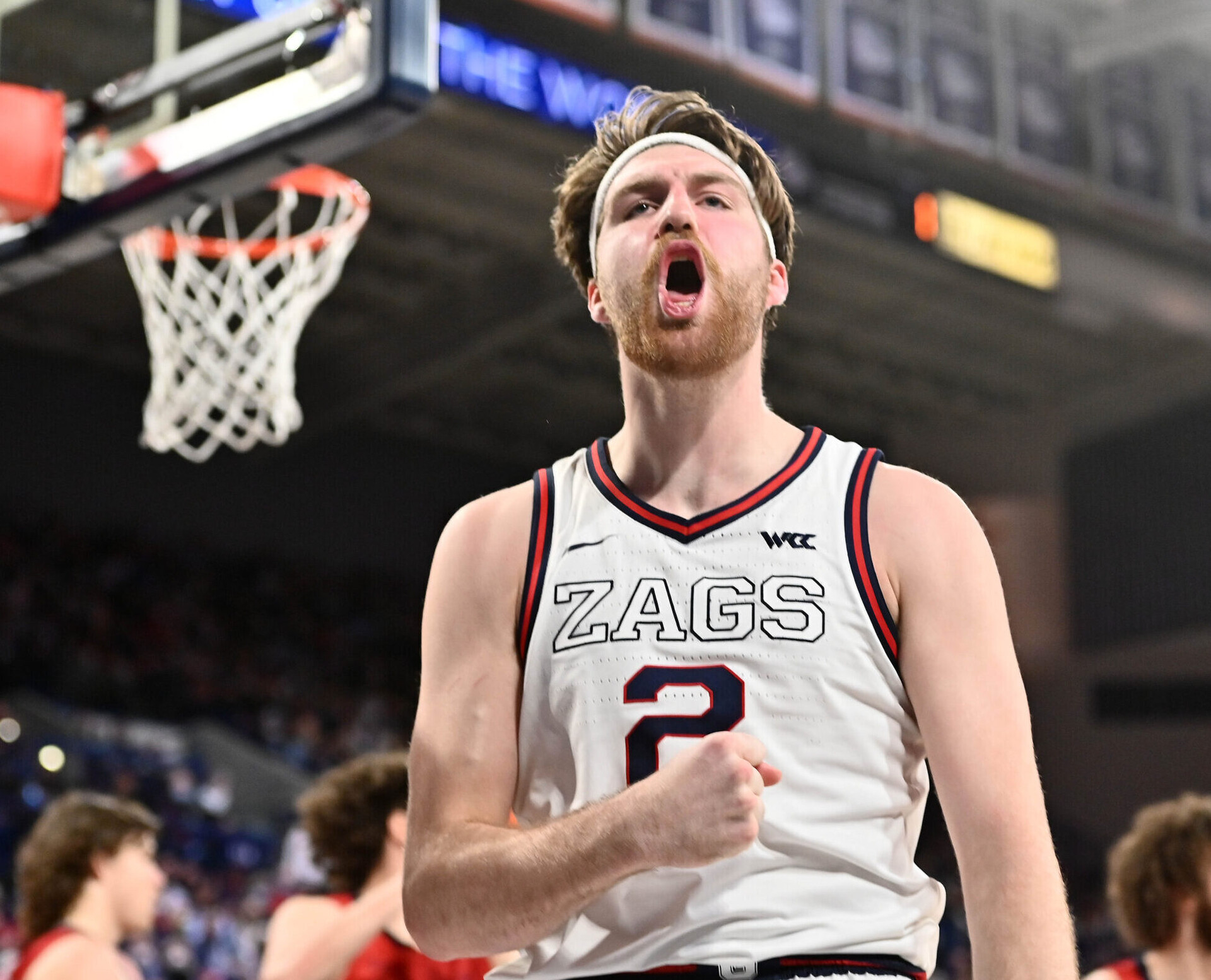 Gonzaga Bulldogs forward Drew Timme celebrates after a scoring a basket and drawing a foul against the St. Mary's Gaels