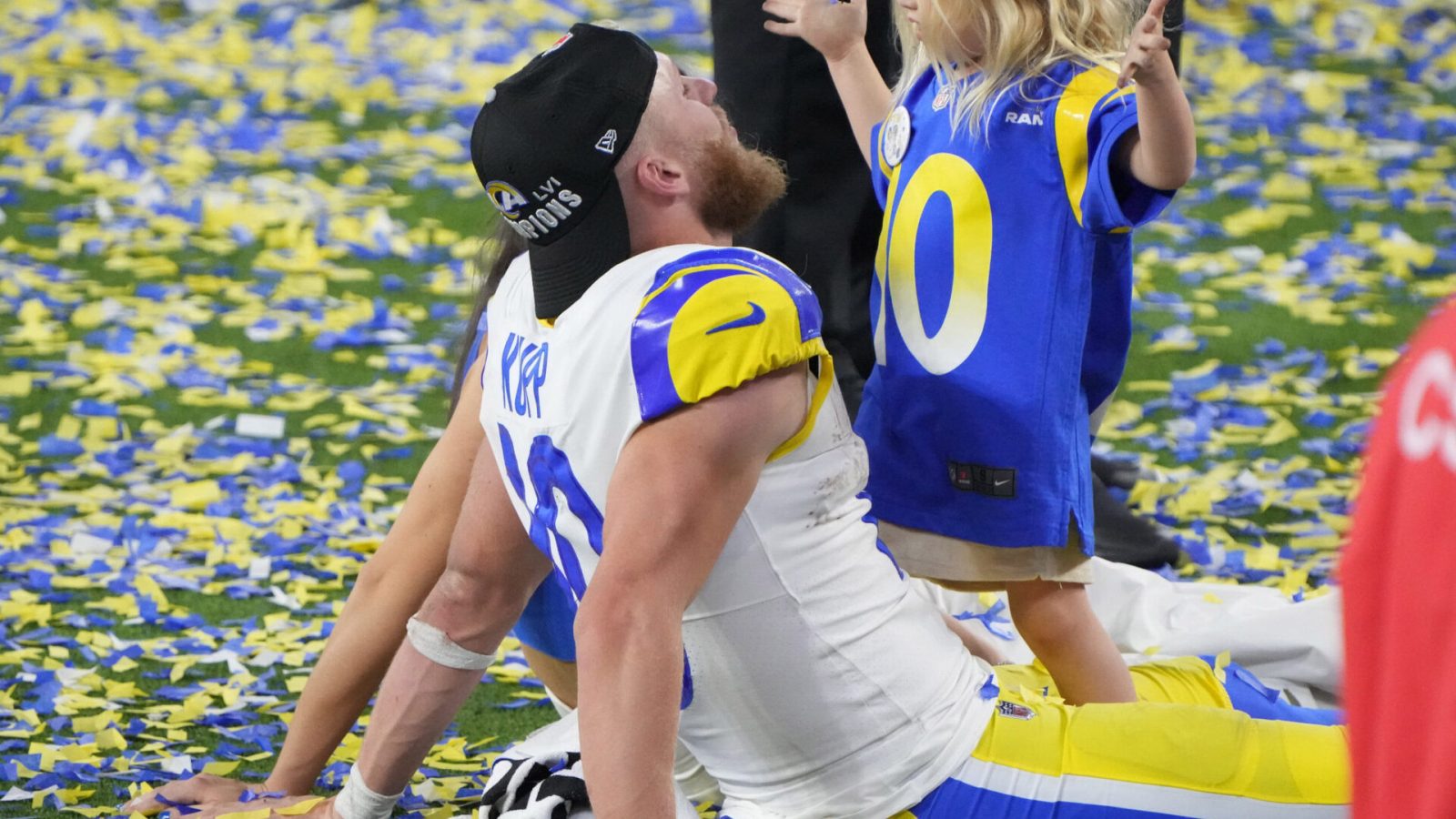 Feb 13, 2022; Inglewood, California, USA; Los Angeles Rams wide receiver Cooper Kupp (10) celebrates with his son Cooper Jameson after the Rams defeated the Cincinnati Bengals in Super Bowl LVI at SoFi Stadium.