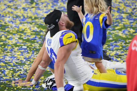 Feb 13, 2022; Inglewood, California, USA; Los Angeles Rams wide receiver Cooper Kupp (10) celebrates with his son Cooper Jameson after the Rams defeated the Cincinnati Bengals in Super Bowl LVI at SoFi Stadium.