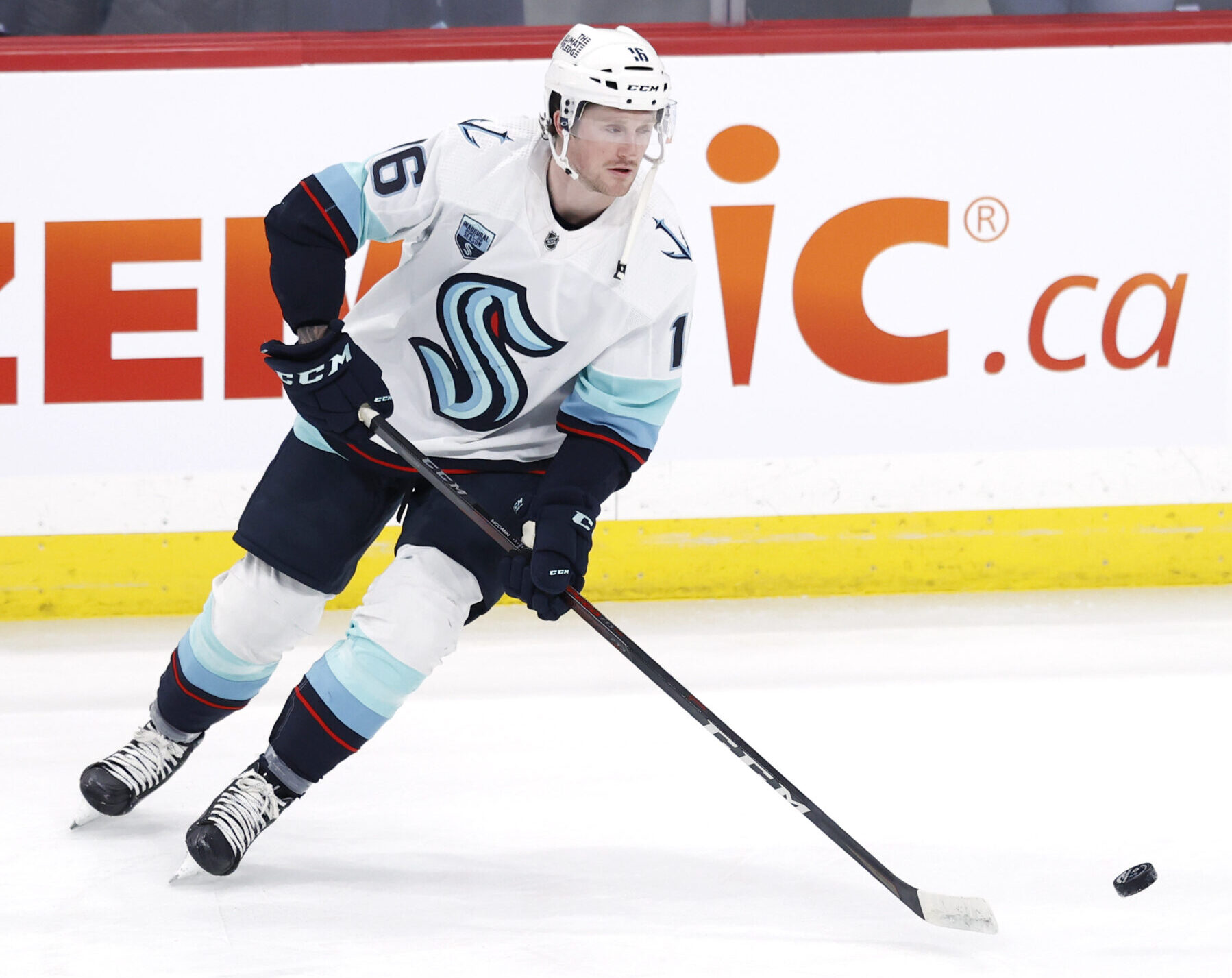 Seattle Kraken left wing Jared McCann skates during warm-ups before a game against the Winnipeg Jets