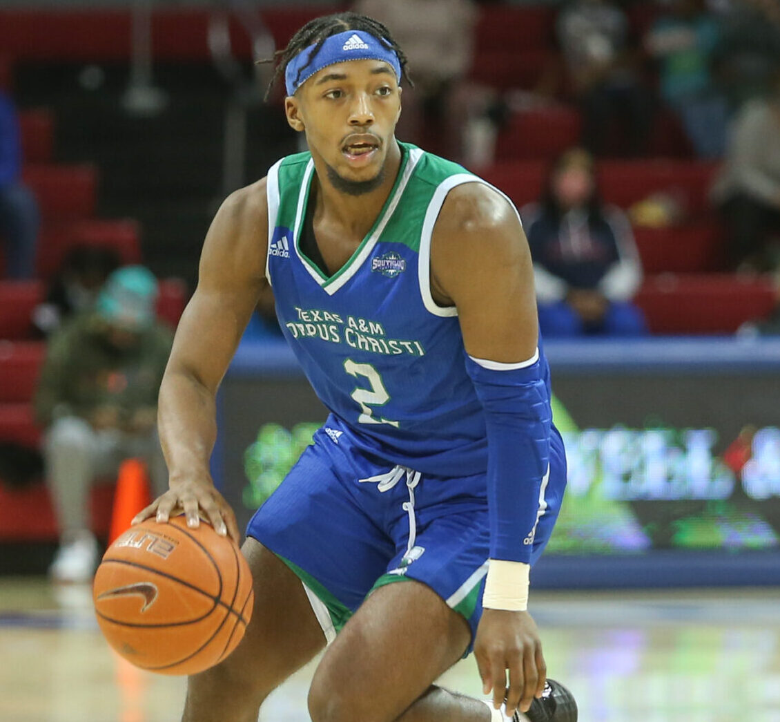 Texas A&M-CC Islanders guard Myles Smith (2) brings the ball up court during the game between SMU and Texas A&M - Corpus Christi on November 30, 2020 at Moody Coliseum in Dallas, TX