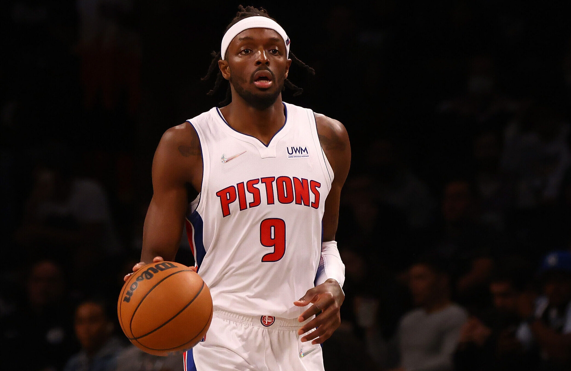 Jerami Grant #9 of the Detroit Pistons in action against the Brooklyn Nets at Barclays Center on October 31, 2021 in New York City.