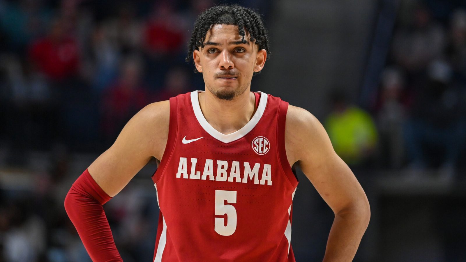 Alabama guard Jaden Shackelford (5) during the college basketball game between the Alabama Crimson Tide and the Ole' Miss Rebels on February 09, 2022 at the SJB Pavilion in Oxford, MS.
