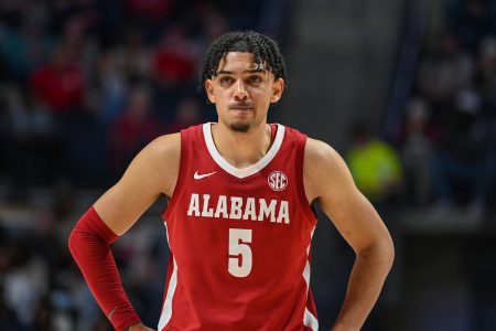Alabama guard Jaden Shackelford (5) during the college basketball game between the Alabama Crimson Tide and the Ole' Miss Rebels on February 09, 2022 at the SJB Pavilion in Oxford, MS.