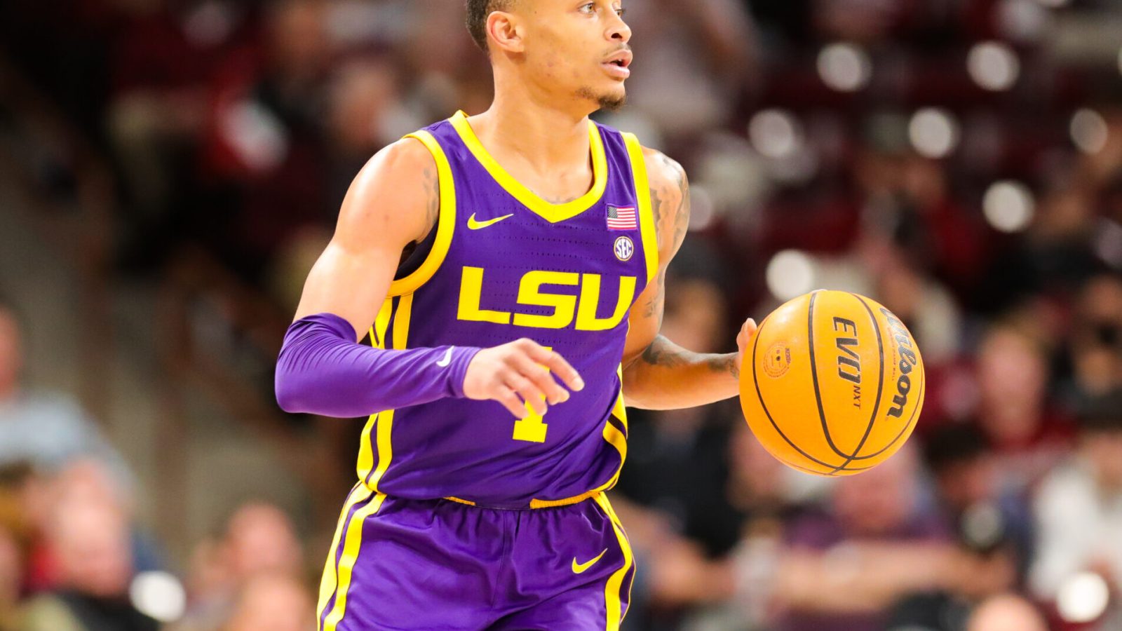 Xavier Pinson (1) of the LSU Tigers brings the ball down the court during a basketball game between the South Carolina Gamecocks and the LSU Tigers on February 19, 2022, at Colonial Life Arena in Columbia, SC.