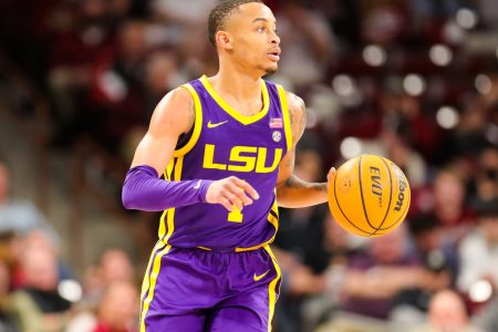 Xavier Pinson (1) of the LSU Tigers brings the ball down the court during a basketball game between the South Carolina Gamecocks and the LSU Tigers on February 19, 2022, at Colonial Life Arena in Columbia, SC.