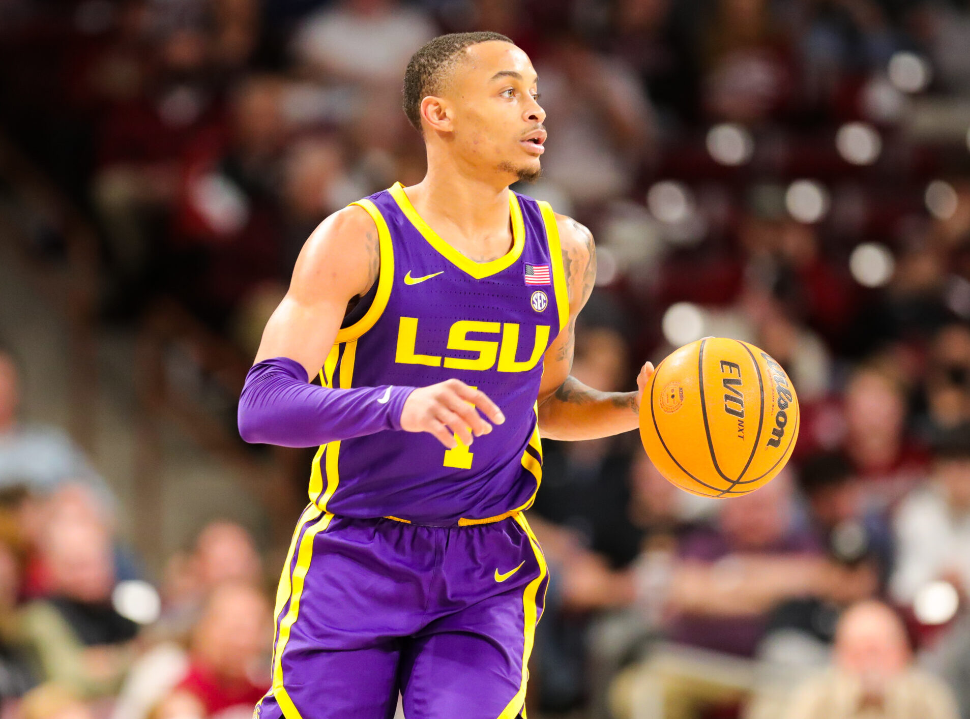 Xavier Pinson (1) of the LSU Tigers brings the ball down the court during a basketball game between the South Carolina Gamecocks and the LSU Tigers on February 19, 2022, at Colonial Life Arena in Columbia, SC.