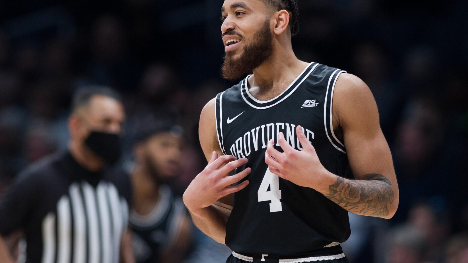 Providence Friars guard Jared Bynum (4) talks to an official during the mens college basketball game between the Butler Bulldogs and Providence Friars on February 20, 2022, at Hinkle Fieldhouse in Indianapolis, IN.