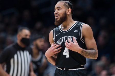 Providence Friars guard Jared Bynum (4) talks to an official during the mens college basketball game between the Butler Bulldogs and Providence Friars on February 20, 2022, at Hinkle Fieldhouse in Indianapolis, IN.
