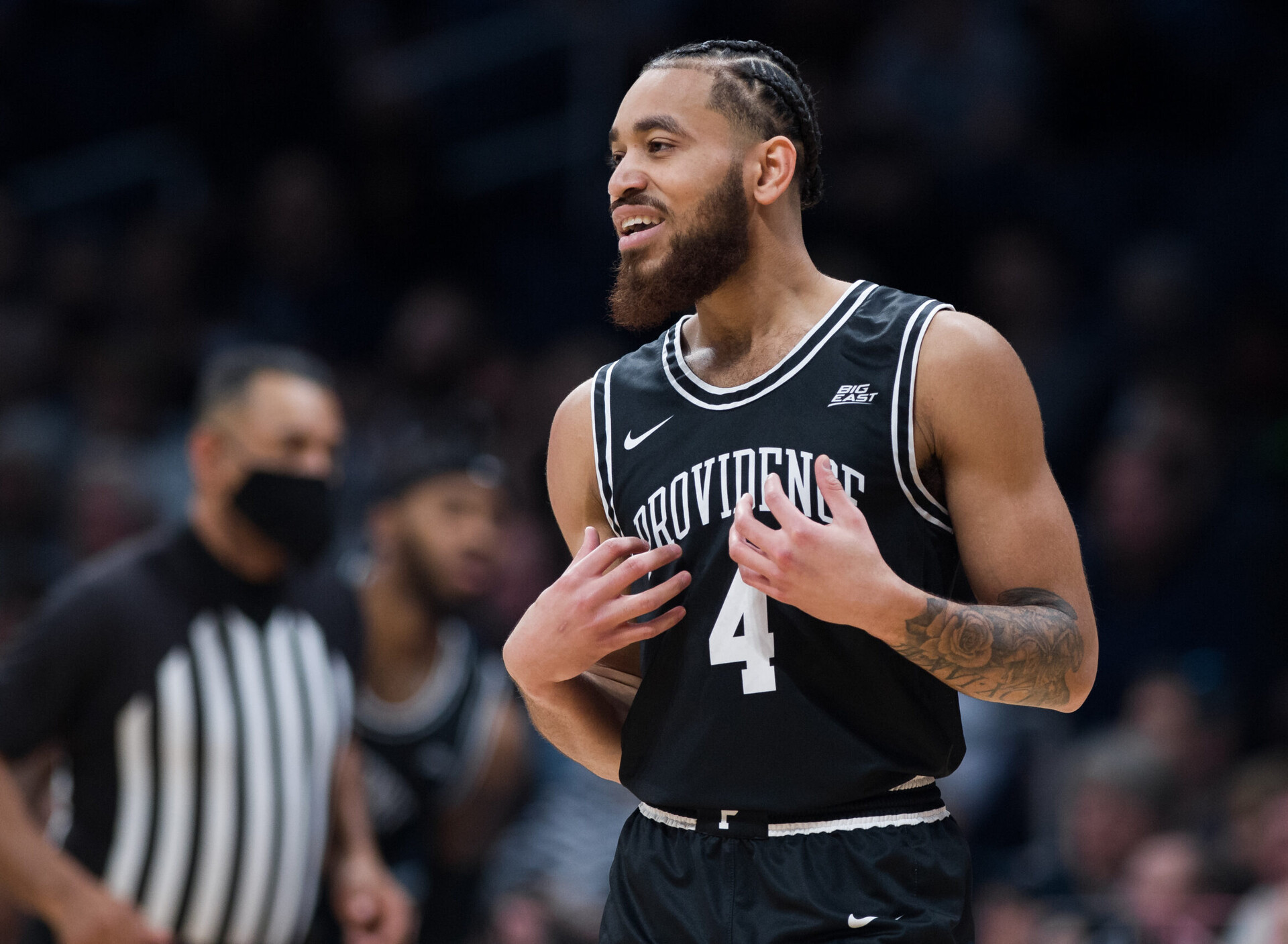 Providence Friars guard Jared Bynum (4) talks to an official during the mens college basketball game between the Butler Bulldogs and Providence Friars on February 20, 2022, at Hinkle Fieldhouse in Indianapolis, IN.