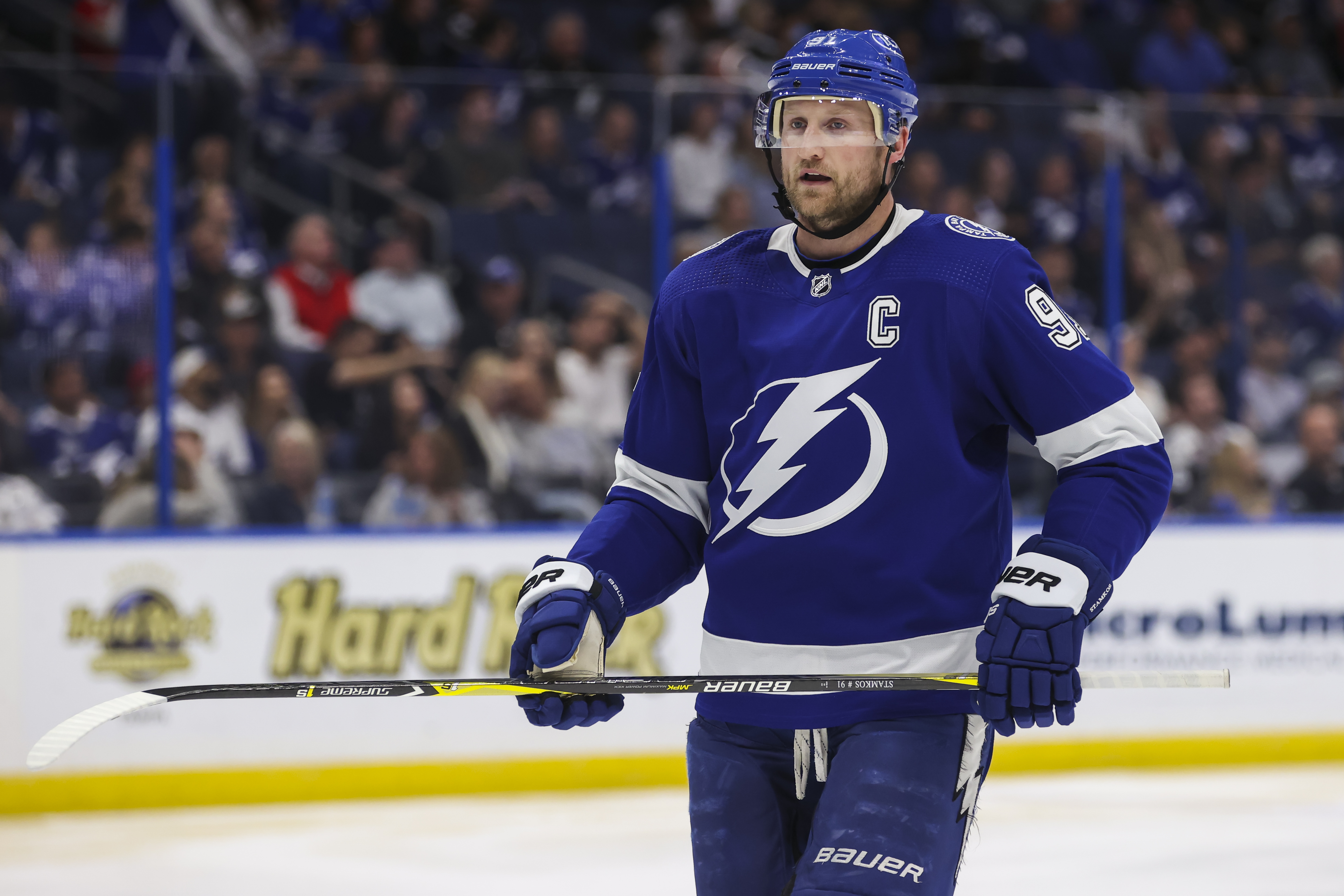 TAMPA, FL - MARCH 1: Steven Stamkos #91 of the Tampa Bay Lightning skates against the Ottawa Senators during the second period at Amalie Arena on March 1, 2022 in Tampa, Florida.
