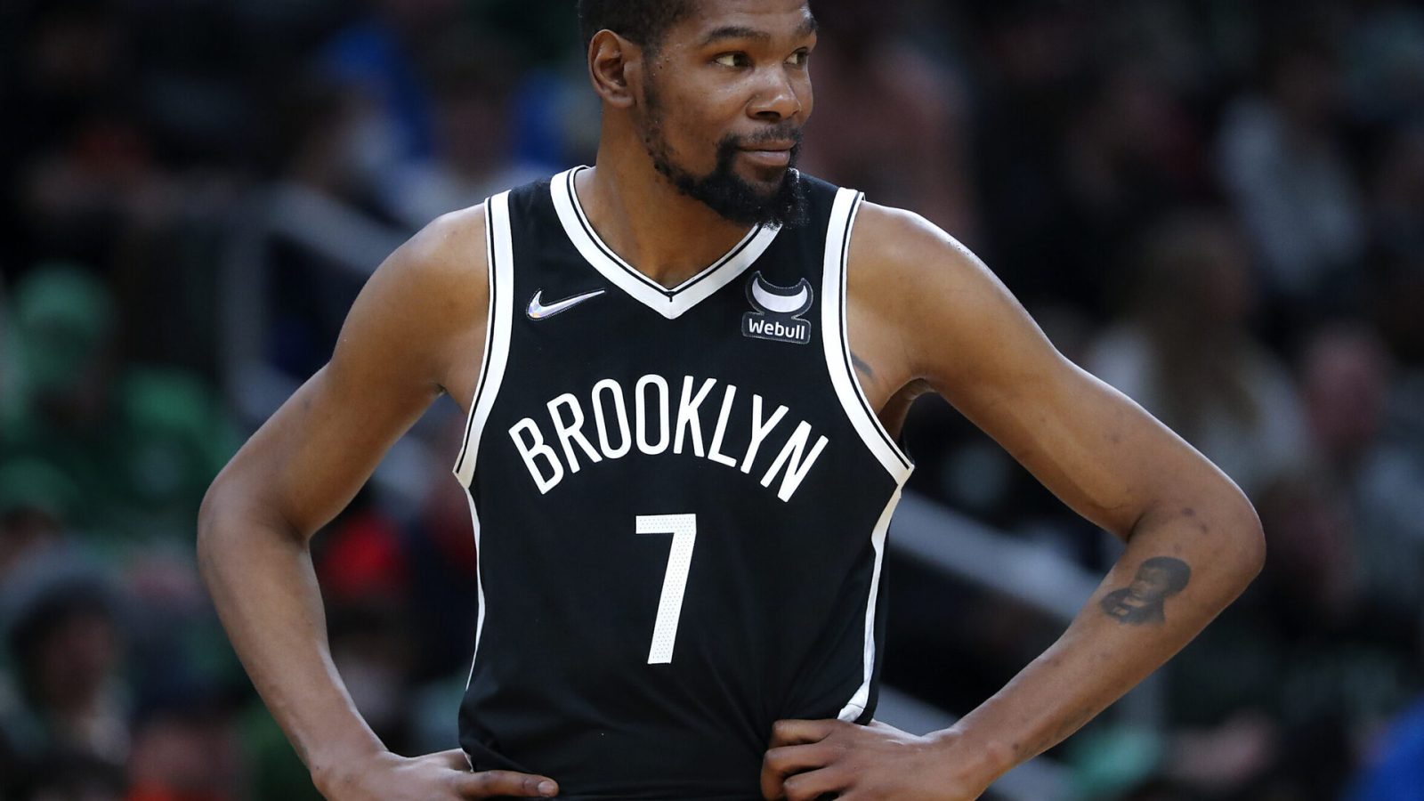 Brooklyn Nets forward Kevin Durant (7) against the Boston Celtics during second quarter NBA action. The Boston Celtics host the Brooklyn Nets during an NBA game at TD Garden in Boston on March 6, 2022.